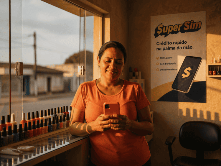 Trabalhador com expressão de alívio olhando para o celular, representando o momento em que o empréstimo para negativado é aprovado