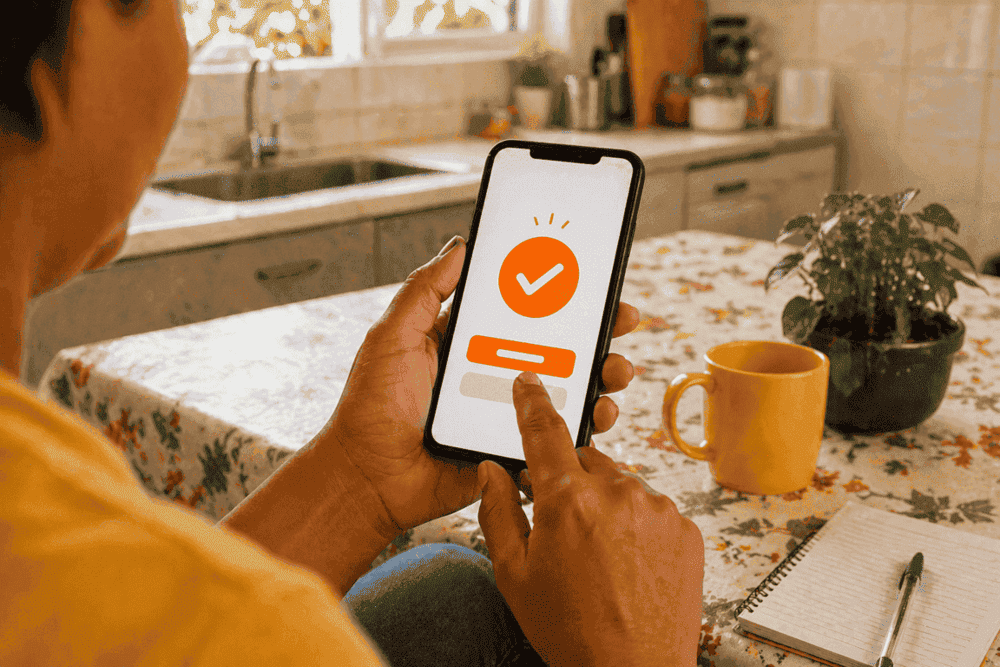 Mão assinando contrato digital no celular, representando o processo simples de aprovação de empréstimo para negativado em fintech
