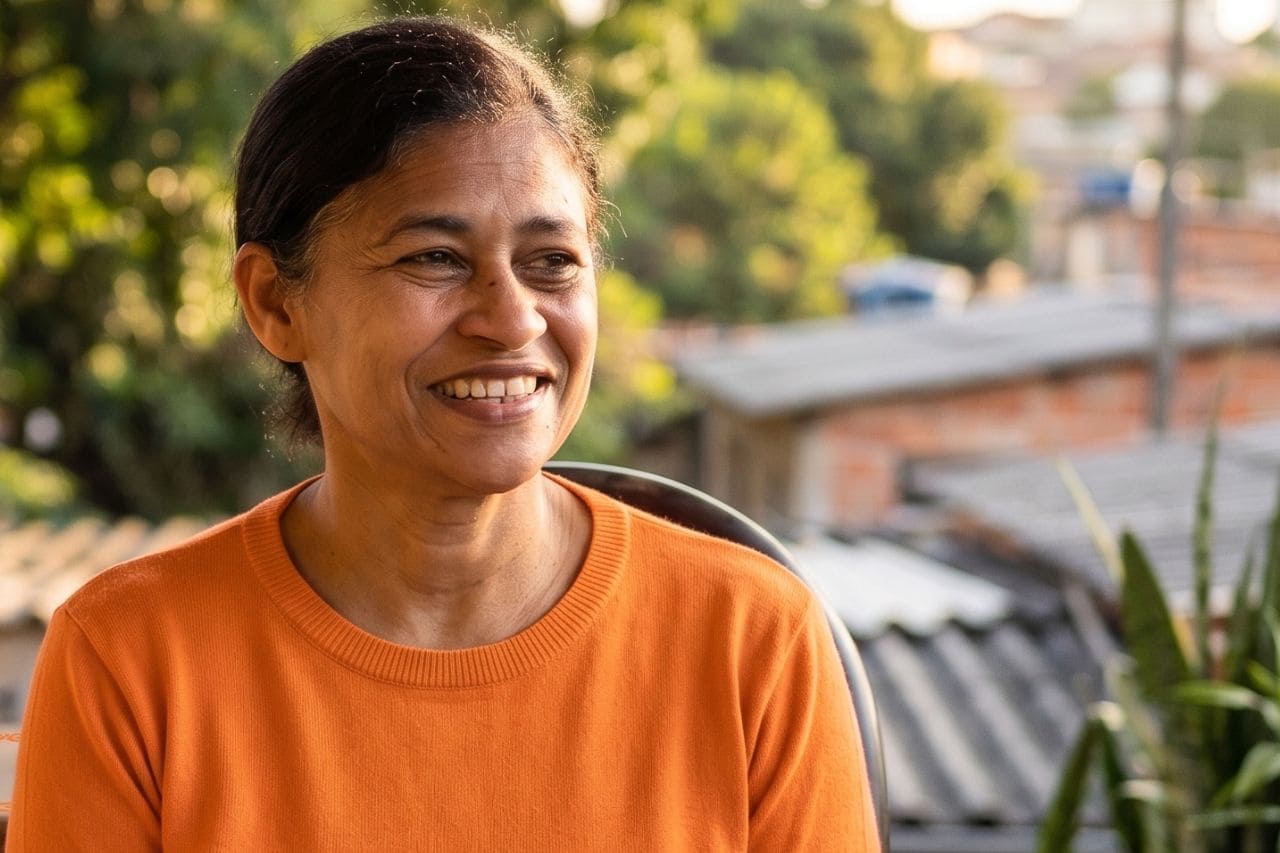 Marinalva, diarista e cliente SuperSim, sorrindo em frente à sua casa no Jardim Guarujá