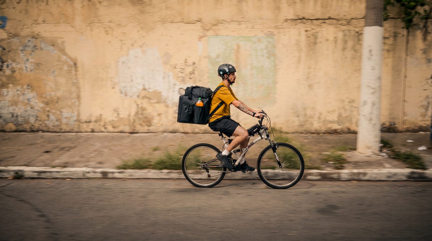 Leonardo pedalando na rua com a bag de entregas nas costas
